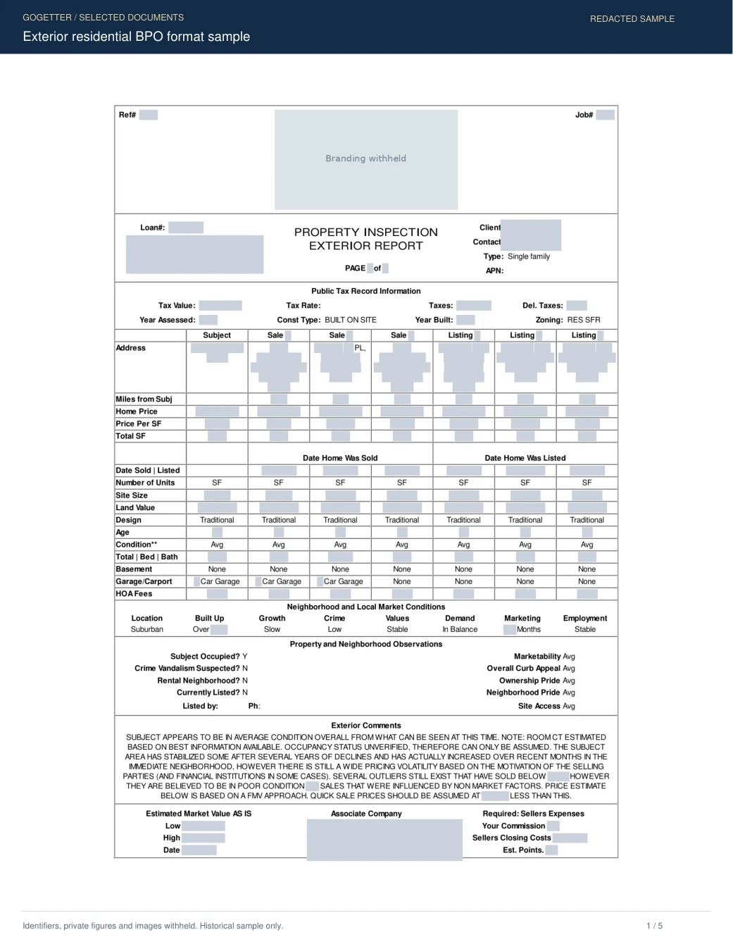 Redacted exterior residential bpo format page preview