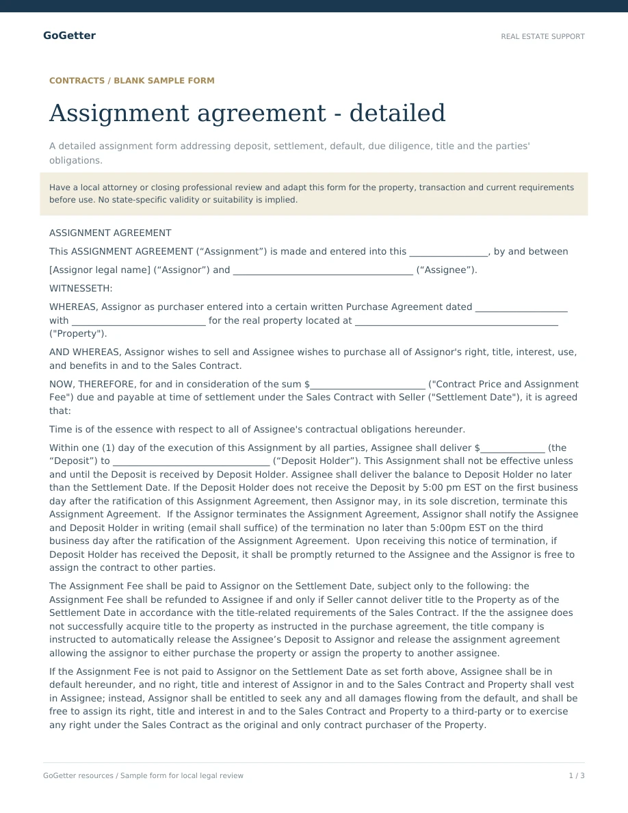 Assignment agreement: detailed blank PDF preview