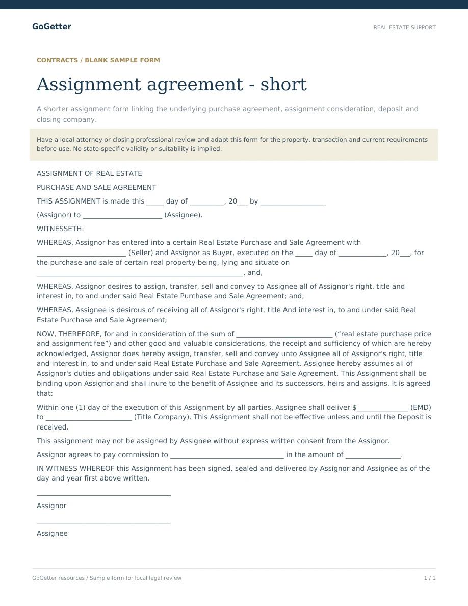 Assignment agreement: short blank PDF preview