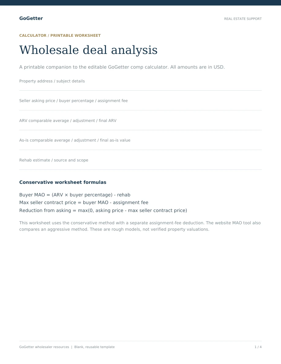 Comp & wholesale deal calculator blank PDF preview