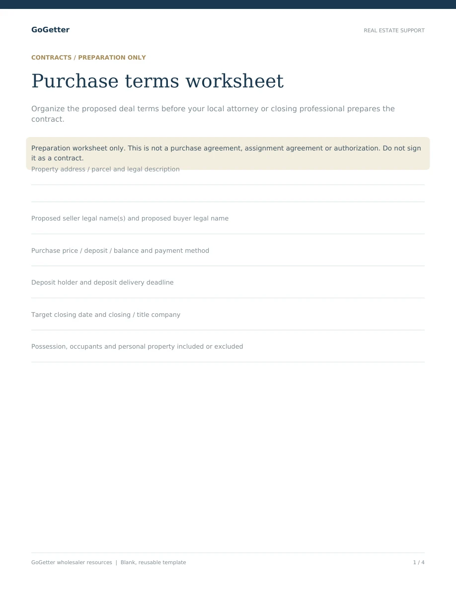 Contract preparation worksheets blank PDF preview