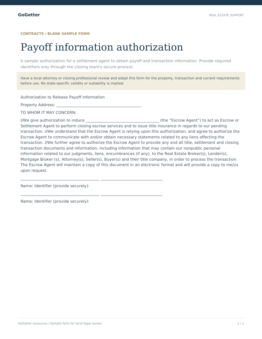 Payoff information authorization blank PDF preview
