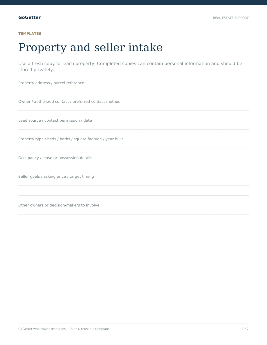 Property intake worksheet blank PDF preview