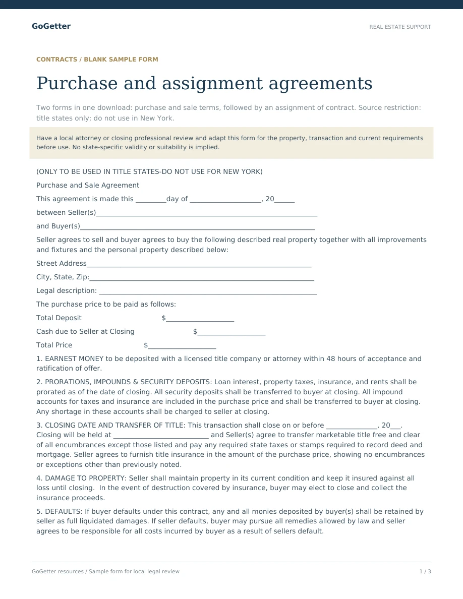 Purchase & assignment agreements blank PDF preview