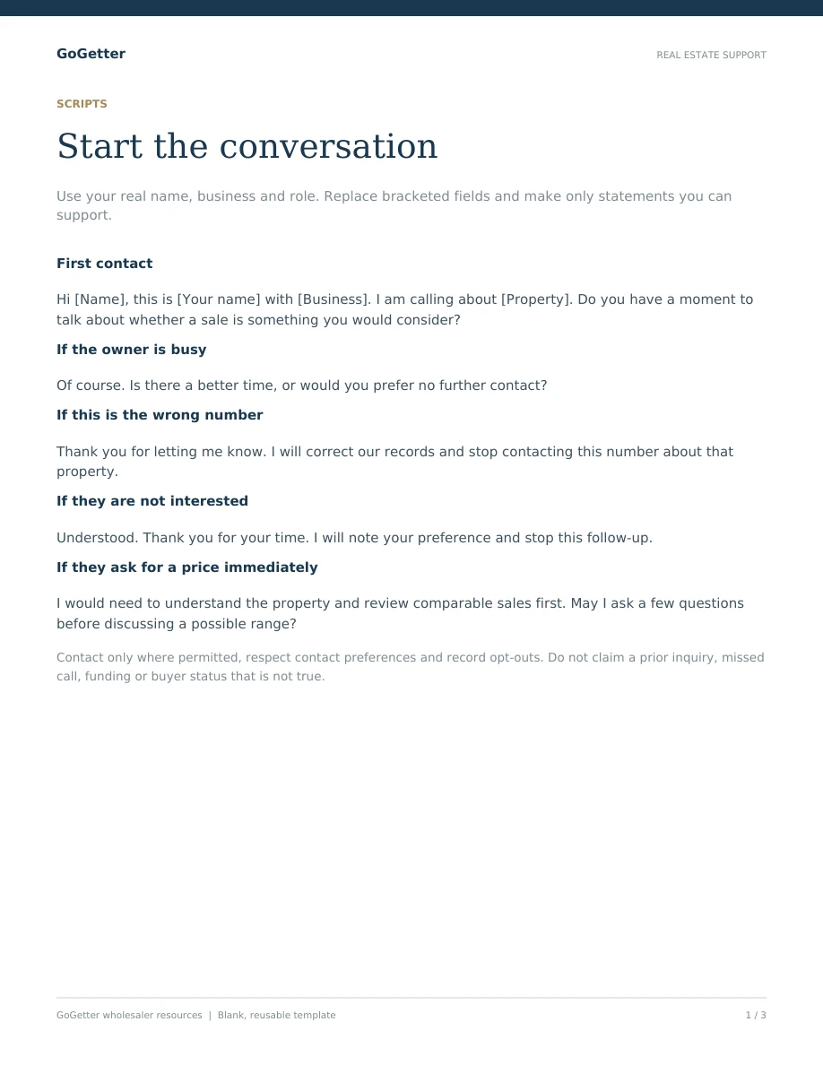 Seller call playbook blank PDF preview